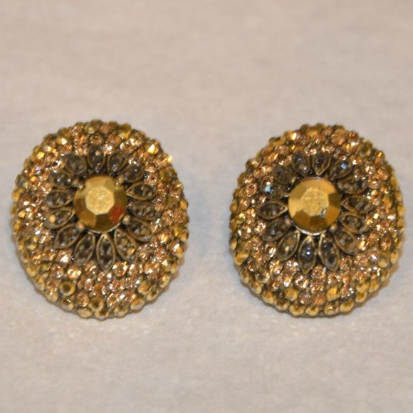 EVENING STATEMENT HOLIDAY JOSE & MARIA BARRERA BROWN GOLD OVAL CRYSTAL EARRINGS - Picture 1 of 10